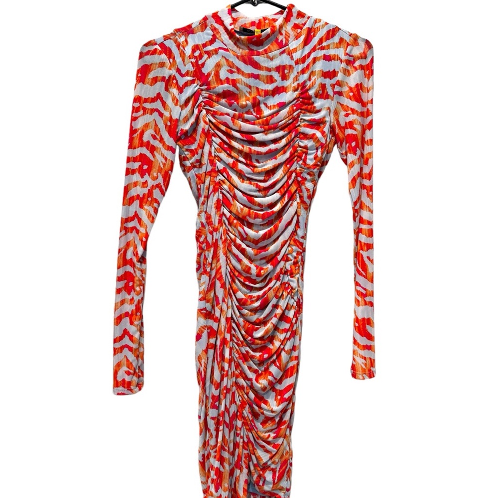 Tiger print sheer mock neck long sleeve dress